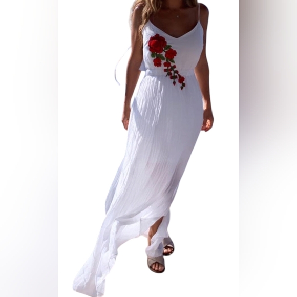 Say What? White Maxi Boho Festival Brunch Dress with Red Floral Embroidery XL - Picture 2 of 14